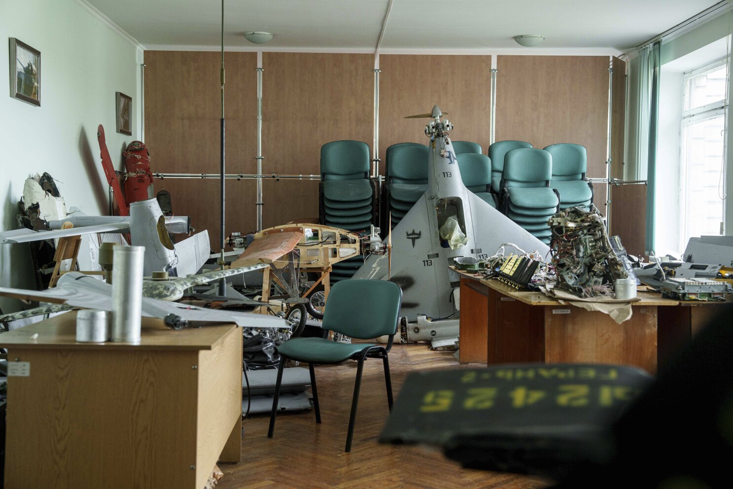 Parts of downed Shahed drones launched by Russia are piled in a storage room of a research laboratory in Kyiv, Ukraine, on Aug. 28, 2024. Africa