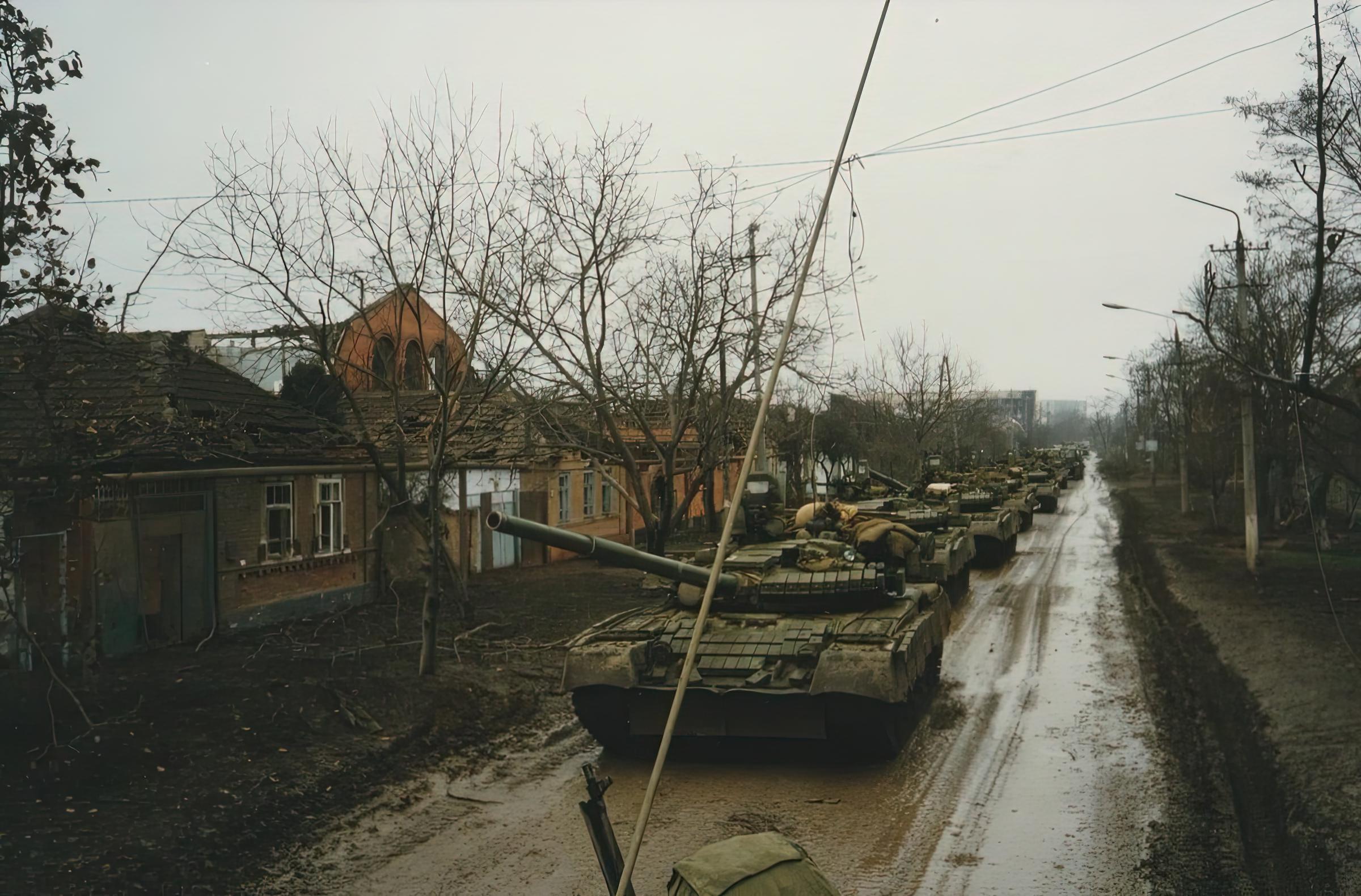 Russian Armor Column in Grozny Urban Center. Chechen War