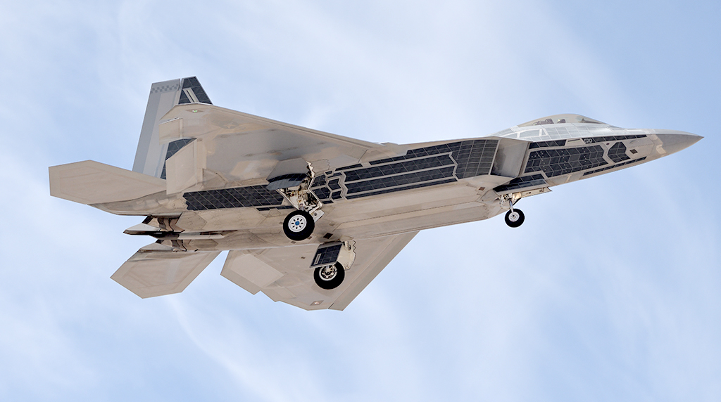 The Chrome Raptor about to land at Nellis AFB on Mar. 17, 2022. (Image credit: Steve Fortson). F-35C Lightning II Mirror Coating.