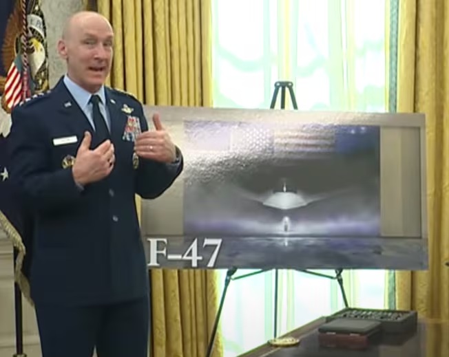 Air Force Chief of Staff Gen. David Allvin presents a display of the F-47, the Air Force's Next Generation Air Dominance fighter. (Screenshot via Defense Department)