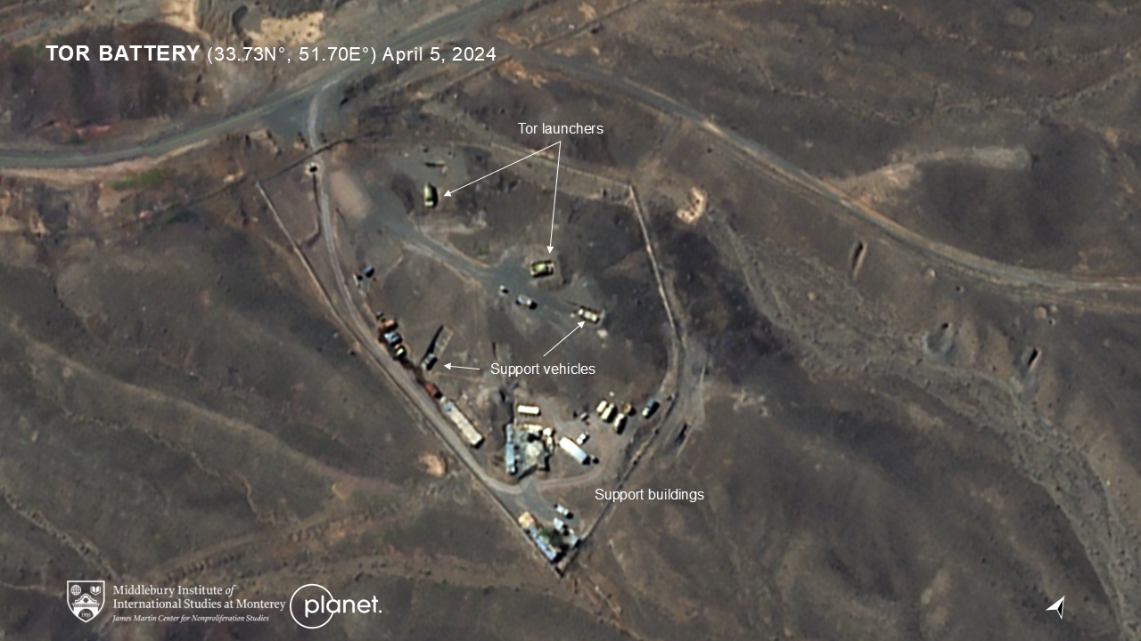 A Planet satellite image, annotated by the James Martin Center, shows radar positions near Iran’s Natanz nuclear facility.